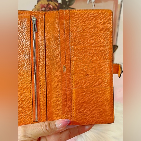 HERMES Bearn Soufflet Leather Chevre Orange Bifold Long Wallet - Picture 8 of 17